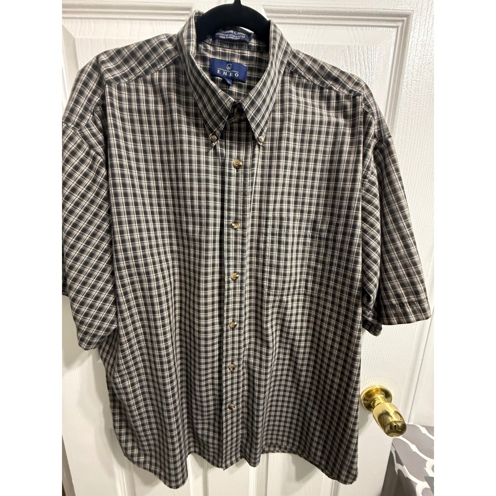 Enro Mens XL Chatham Cloth Plaid Button Down Short Sleeve Shirt Black Grey White